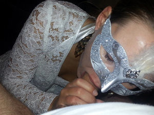 Older bride with a mask (she's a bit shy) gave her first blowjob in wedlock right after the reception ended.