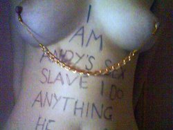 MILF wife with nipple clamps and body-writing